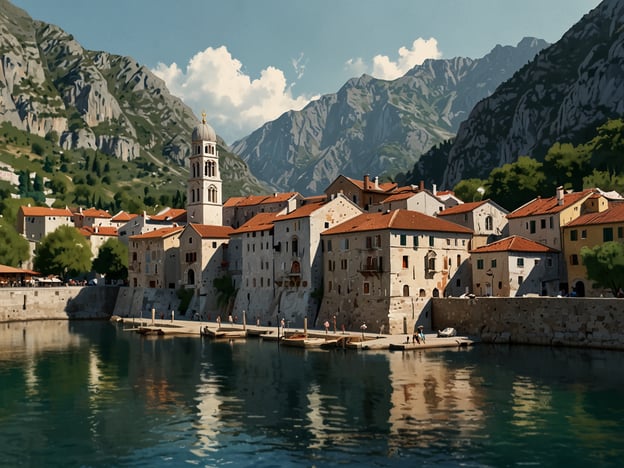 Auf dem Bild ist eine malerische Küstenstadt zu sehen, die von beeindruckenden Bergen umgeben ist. Die Gebäude sind aus Stein mit roten Ziegeldächern, und es gibt einen schönen Hafen mit kleinen Booten. Diese Szenerie könnte typisch für Montenegro sein, wo historische Städte wie Kotor und Perast in einer ähnlichen Umgebung liegen. Die Kombination aus klaren Wasser, Bergen und alter Architektur schafft eine idyllische, entspannende Atmosphäre, die oft mit der Erkundung der montenegrinischen Küste verbunden wird.