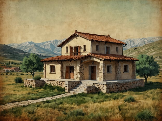 Auf dem Bild ist ein traditionelles, ländliches Haus zu sehen, das von einer malerischen Landschaft umgeben ist. Die Architektur erinnert an den Balkan und spiegelt die unentdeckte Schönheit dieser Region wider. Das Gebäude hat eine charmante Kombination aus Stein und Holz, mit einem typischen Ziegeldach und großen Fenstern. Die sanfte Hügellandschaft im Hintergrund und die grünen Pflanzen davor vermitteln ein Gefühl von Ruhe und Idylle, das oft mit den weniger bekannten, aber wunderschönen Ecken des Balkans verbunden ist.