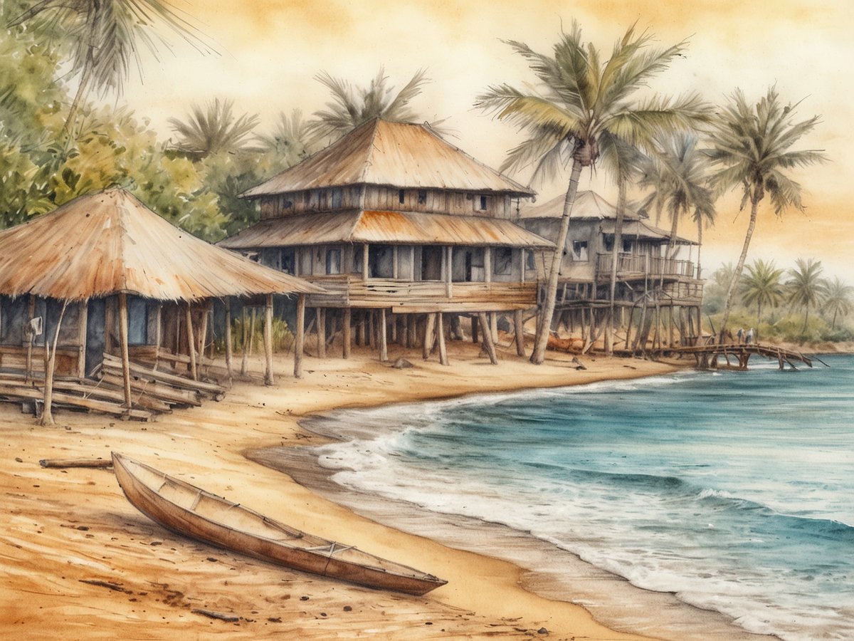 Idyllische Küstenlandschaft in Gambia mit einem Sandstrand, umgeben von Palmen. Im Hintergrund stehen traditionelle Holzgebäude mit Strohdächern auf Stelzen, die typisch für die Region sind. Am Ufer liegt ein hölzerner Kanus, während die sanften Wellen des Atlantischen Ozeans sanft an den Strand plätschern. Der Himmel hat einen warmen, goldenen Farbton, der die entspannte Atmosphäre des Ortes unterstreicht.