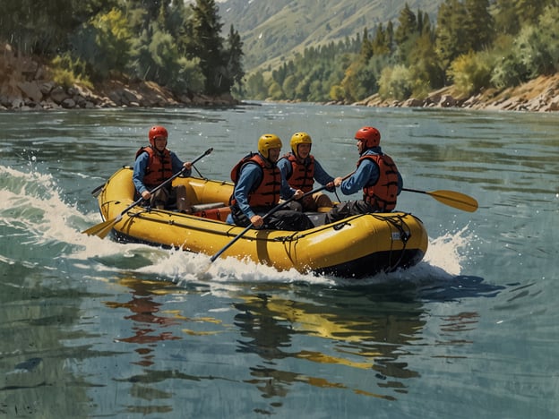 Auf dem Bild sind vier Personen in einem gelben Schlauchboot zu sehen, die in einem ruhigen Fluss paddeln. Sie tragen Schutzhelme und Schwimmwesten, was auf ein Abenteuer in der Natur hinweist. 

Solche Aktivitäten bieten eine tolle Möglichkeit, Adrenalin und Spaß zu kombinieren! Wenn du Abenteuer suchst, könntest du auch an Aktivitäten wie Kajakfahren, Wildwasser-Rafting oder sogar an einer entspannenden Floßfahrt interessiert sein. Darüber hinaus gibt es auch Möglichkeiten zum Wandern in den umliegenden Bergen oder zum Radfahren entlang malerischer Strecken. Für jeden Geschmack ist etwas dabei!