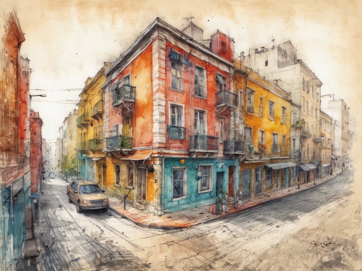Eine farbenfrohe Straßenszene zeigt eine belebte Stadt mit historischen Gebäuden in lebhaften Gelb-, Orange- und Blautönen. Die Architektur ist vielfältig, mit Balkonen und Fensterläden. Ein geparktes Auto steht an der Straßenecke. Menschen schlendern entspannt auf dem Gehweg, während die Sonne sanft die Szene beleuchtet. Die stimmungsvolle Atmosphäre spiegelt die reiche Kultur und das lebendige Leben der Stadt wider.