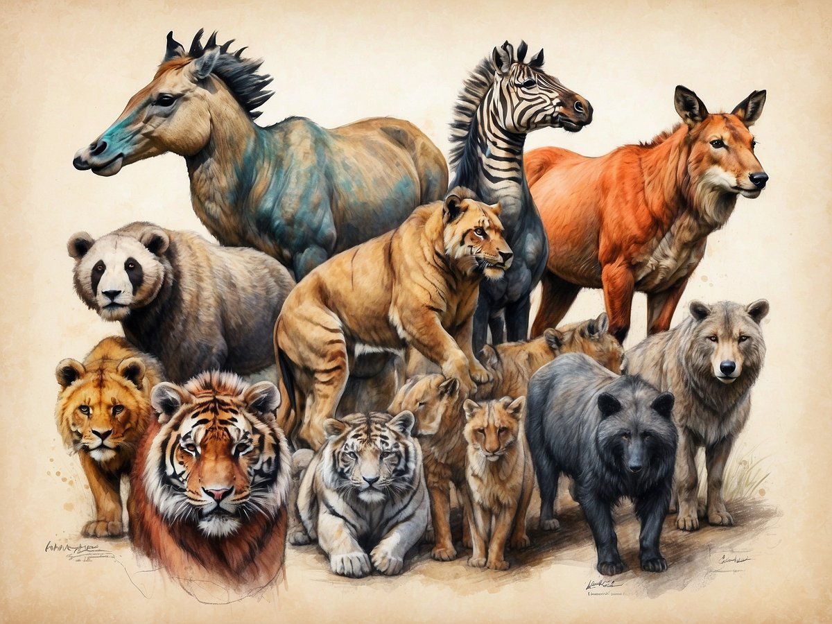 Eine Gruppe von verschiedenen Tieren ist abgebildet, darunter ein Pferd, ein Zebra, ein Dingo, ein Panda, ein Löwe, ein Tiger, ein Weißer Tiger und ein Bär. Die Tiere sind in einem künstlerischen Stil dargestellt und stehen zusammen auf einem hellen Hintergrund. Die Komposition zeigt sowohl große Raubtiere als auch kleinere Tiere, die eine harmonische Gruppenbildunsg erzeugen.