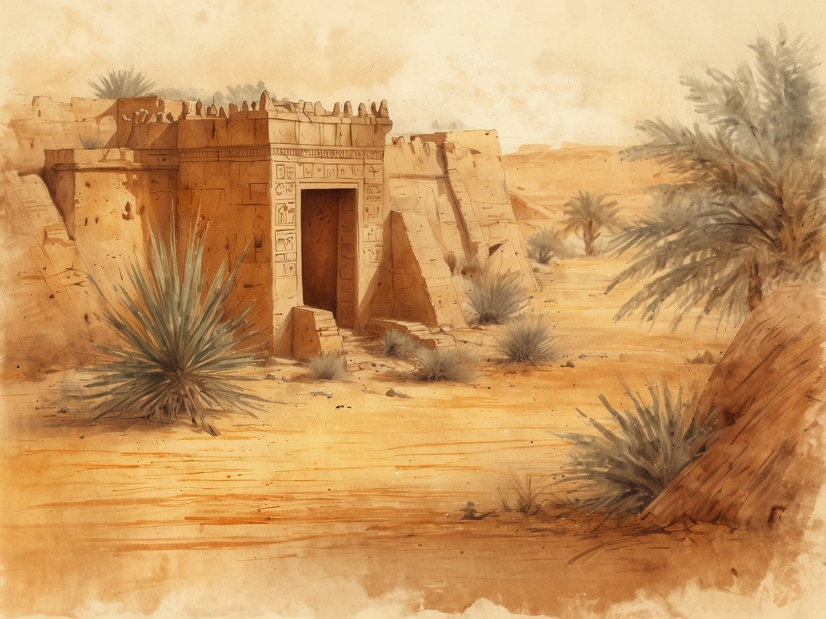 Eine verlassene majestätische Tempelruine steht im Zentrum einer trockenen, sandigen Wüstenlandschaft. Die Struktur ist aus hellbraunem Stein erbaut und zeigt kunstvolle Reliefs sowie Hieroglyphen an ihrer Fassade. Ein großer, rechteckiger Eingang führt in das Innere des Tempels. Umgeben ist die Ruine von spärlicher, aber markanter Vegetation, darunter einige große Pflanzen mit schmalen, langen Blättern, die den Wüstenboden zusätzlich betonen. Im Hintergrund sind sanfte, sandige Hügel zu sehen, die die abgelegene und historisch geprägte Umgebung unterstreichen.
