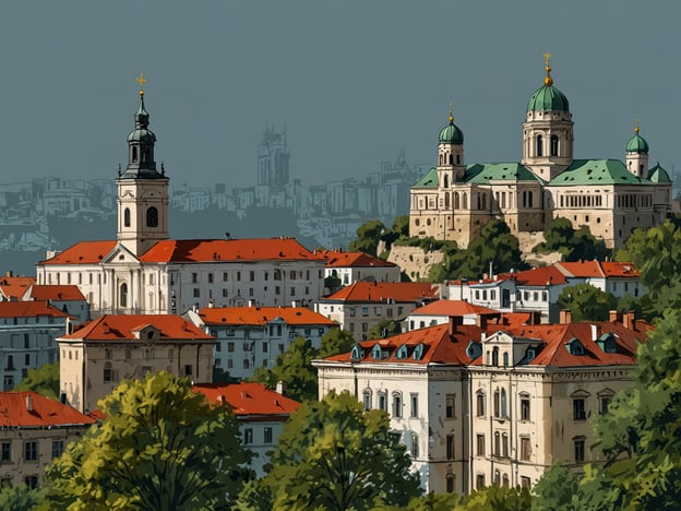 Auf dem Bild ist eine malerische Ansicht einer Stadtlandschaft mit historischen Gebäuden und Dächern in Rot und Weiß zu sehen. Im Vordergrund gibt es eine markante Kirche mit einem hohen Turm, die durch ihre Architektur auffällt. Im Hintergrund erkennt man eine große, beeindruckende Kirche oder Kathedrale mit auffälligen Kuppeln. Die Bäume und das sanfte Licht verleihen der Szene eine entspannte Atmosphäre. Diese Szenerie könnte gut die dynamische und kulturell reiche Atmosphäre von Belgrad – der pulsierenden Hauptstadt – widerspiegeln.