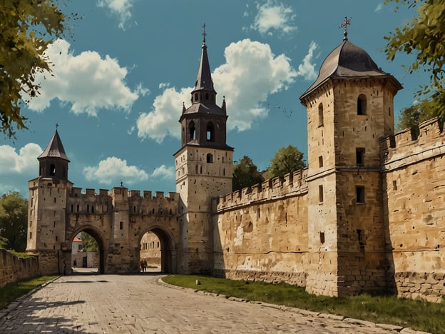 Auf dem Bild ist eine alte Festungsanlage mit markanten Türmen und einer gewölbten Eingangstür zu sehen, umgeben von grünen Bäumen und einem klaren Himmel. Die charmante Stadt Novi Sad an der Donau bietet eine reiche Geschichte und eindrucksvolle Architektur, die sich in solchen Bauwerken widerspiegelt. Diese Festung könnte ein Hinweis auf die historische Bedeutung der Stadt sein, die oft für ihre kulturellen Stätten und Festivals geschätzt wird.