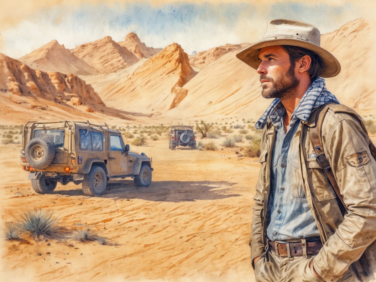 Ein Mann in einem leichten Safari-Outfit steht in einer Wüstenlandschaft mit sanften Sanddünen im Hintergrund. Er trägt einen breitkrempigen Hut und schaut in die Ferne. Hinter ihm sind zwei Geländewagen, die in der Wüste parken. Die Landschaft ist geprägt von der trockenen Umgebung, spärlichen Pflanzen und den auffälligen geologischen Formationen in warmen Farbtönen. Das Bild vermittelt ein Gefühl von Abenteuer und Erkundung der Tierwelt in Tschad.