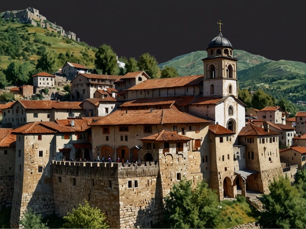 Auf dem Bild ist eine beeindruckende historische Stadtlandschaft zu sehen, die von charmanten, traditionellen Gebäuden mit roten Dächern geprägt ist. Im Mittelpunkt steht eine große Kirche mit einem markanten Turm, der durch ein goldenes Kreuz geschmückt ist. Diese reizvolle Stadt liegt malerisch eingebettet in eine hügelige Landschaft, umgeben von üppigem Grün. 

Solche Städte sind oft kulturelle Schätze, die nicht nur architektonische Schönheit bieten, sondern auch reich an Geschichte und Traditionen sind. Die steinernen Mauern und die gut erhaltenen Gebäude könnten auf eine lange Geschichte hindeuten, die Besucher anzieht, die die Geschichte und Kultur dieser Region erleben möchten.