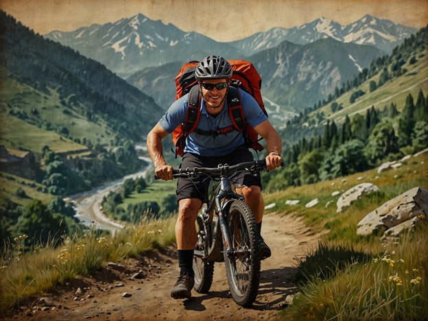 Auf dem Bild ist ein abenteuerlicher Radfahrer in der Natur zu sehen. Er fährt mit einem Mountainbike einen schmalen Pfad entlang, umgeben von einer beeindruckenden Berglandschaft und grünen Wiesen. Die Szene strahlt eine lebendige Energie aus und vermittelt das Gefühl von Freiheit und Abenteuer in der Natur. Die Berge im Hintergrund und der fließende Fluss verleihen dem Gesamtbild eine atemberaubende Kulisse für Outdoor-Aktivitäten.