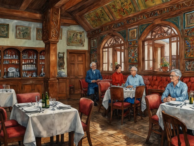 Auf dem Bild ist ein rustikales Restaurant zu sehen, das von traditioneller Architektur und warmen Holztonen geprägt ist. Die Atmosphäre wirkt einladend und gemütlich, ideal für ein gemeinsames Essen. Die Tische sind elegant gedeckt, was auf eine gehobene Gastronomie hindeutet. 

Die Wände sind mit kunstvollen Verzierungen und vielleicht regionaltypischen Motiven dekoriert, die an die lokale Kultur erinnern. Solche Restaurants sind oft bekannt für ihre traditionelle Küche, in denen lokale Spezialitäten wie Schnitzel, Sauerbraten oder hausgemachte Nudelgerichte serviert werden. Die dargestellten Personen scheinen in ein angeregtes Gespräch vertieft zu sein, was auf die gesellige Esskultur hinweist, die in vielen Regionen Deutschlands geschätzt wird.