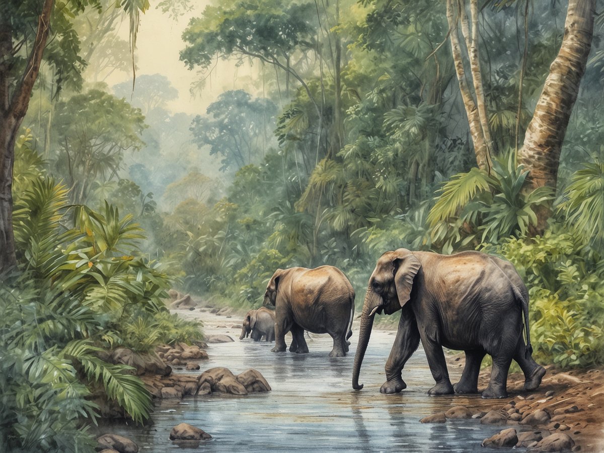 In der Wildnis der Demokratischen Republik Kongo sind drei Elefanten zu sehen, die gemächlich durch einen ruhigen Gewässerlauf waten. Umgeben von dichten, grünen Pflanzen und hohen Bäumen, schaffen die üppige Vegetation und der nebelige Hintergrund eine friedliche und unberührte Atmosphäre. Der Fluss schlängelt sich durch die Landschaft, während die Elefanten mit ihren massiven Körpern und großen Ohren harmonisch in die natürliche Szenerie eingebettet sind.
