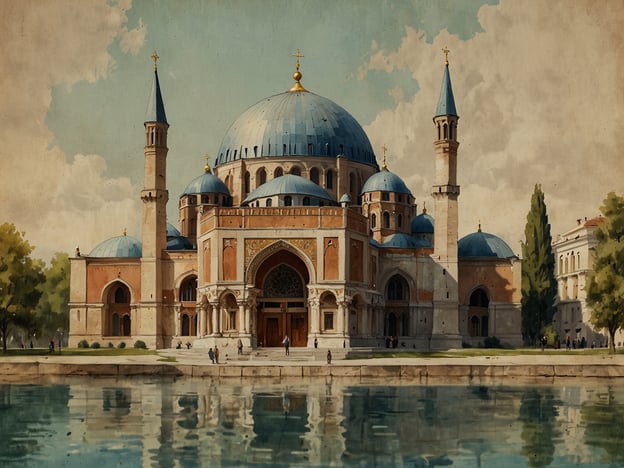 Auf dem Bild ist eine majestätische und kunstvoll gestaltete Moschee zu sehen, die wahrscheinlich von der reichen Geschichte und kulturellen Vielfalt Bukarests inspiriert ist. Bukarest, oft als "Klein Wien" bezeichnet, hat architektonisch einen bemerkenswerten Einfluss verschiedener Stile, darunter neoklassizistische, barocke und byzantinische Elemente.

Die Moschee auf dem Bild zeigt majestätische Kuppeln und Minarette, die an die florierenden Zeiten der osmanischen Herrschaft in der Region erinnern. Diese Phase prägte nicht nur die Architektur der Stadt, sondern auch ihre Kultur, Küche und Traditionen. Das Wasser spiegelnd verstärkt die Schönheit der Moschee und symbolisiert die Harmonie zwischen den Kulturen, die Bukarest auszeichnen. 

Insgesamt spiegelt das Bild die faszinierende Geschichte und kulturelle Vielfalt Bukarests wider, die von unterschiedlichen Epochen und Einflüssen geprägt ist.