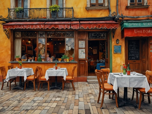 Auf dem Bild ist eineinladendes Restaurant in Bukarest zu sehen. Die warme, gelbe Fassade und die dekorativen Fenster verleihen dem Ort einen charmanten Charakter. Es sind mehrere Tische im Freien mit weißen Tischdecken gedeckt, die darauf warten, von Gästen besetzt zu werden. 

Solche Orte in Bukarest sind bekannt für ihre kulinarischen Erlebnisse, die von traditionellen rumänischen Gerichten wie Sarmale (gefüllte Kohlrouladen) bis hin zu modernen Interpretation der regionalen Küche reichen. Viele Restaurants bieten außerdem ein angenehmes Ambiente und gelegentlich Live-Musik, wodurch das Dinieren zu einem ganz besonderen Erlebnis wird.