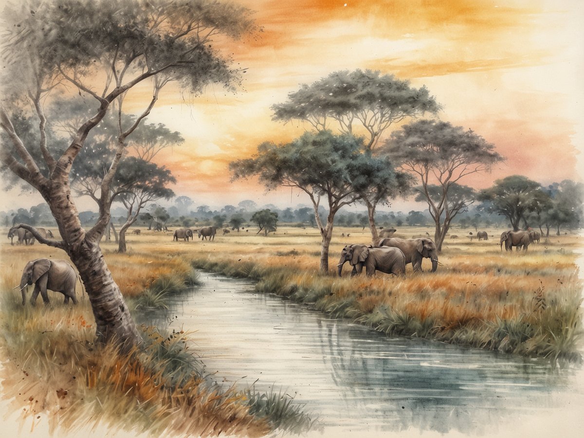 Eine friedliche Landschaft in Uganda zeigt eine Gruppe von Elefanten, die in einer weiten savannenartigen Umgebung grasen. Im Vordergrund schlängelt sich ein ruhiger Fluss durch das hohe Gras, während im Hintergrund verstreute Bäume und sanfte Hügel zu sehen sind. Der Himmel ist von warmen Gelb- und Orangetönen durchzogen, was auf einen atemberaubenden Sonnenuntergang hindeutet. Die Tierwelt und die natürliche Schönheit der Umgebung harmonieren perfekt miteinander.