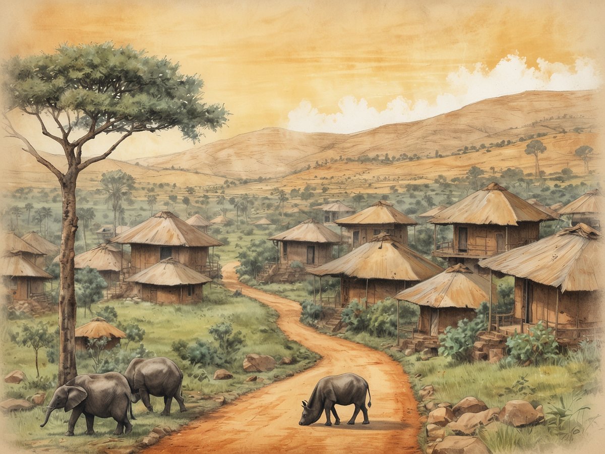 Eine malerische Landschaft in Ruanda zeigt ein beruhigendes Dorf mit traditionellen strohgedeckten Hütten, die sich entlang eines geschwungenen Erdwegs anordnen. Im Vordergrund grasen zwei Elefanten und ein Wasserbüffel friedlich auf der grünen Wiese. Im Hintergrund erheben sich sanfte Hügel, während ein warmes, goldenes Licht über die Szene strahlt und die natürliche Schönheit dieses Landes des Wandels hervorhebt.
