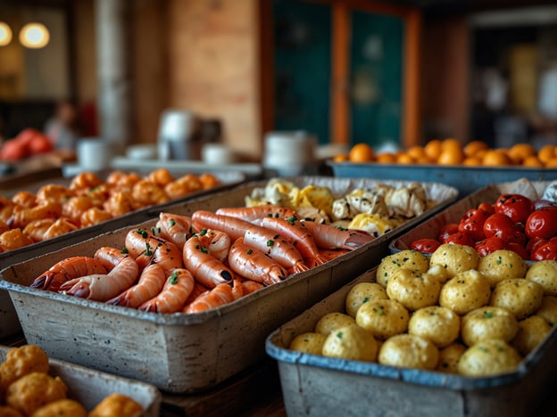 Auf dem Bild sind verschiedene kulinarische Gerichte zu sehen, darunter frische Garnelen, gelbe Kartoffeln und kleine Tomaten. In Varna, einer Küstenstadt am Schwarzen Meer, können Besucher ähnliche köstliche Meeresfrüchte genießen, wie beispielsweise Tintenfisch und Muscheln, die oft in Fischrestaurants serviert werden. Dazu passen regionale Spezialitäten wie Shopska-Salat und gegrillte Gemüsesorten, die das gastronomische Angebot von Varna abrunden.