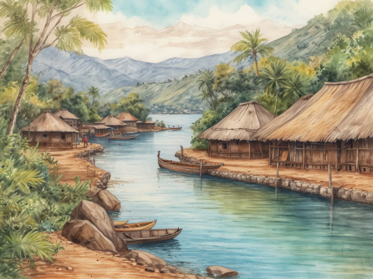Eine ruhige Flusslandschaft in Burundi mit traditionellen Hütten aus Holz und Stroh am Ufer. In der Nähe liegen mehrere Holzboote, die sanft im Wasser schaukeln. Üppige grüne Pflanzen und Palmen umgeben die Hütte, während schneebedeckte Berge im Hintergrund sichtbar sind. Der Himmel ist leicht bewölkt, und die Szenen strahlen eine friedliche, ländliche Atmosphäre aus.