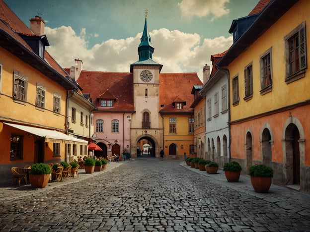 Auf dem Bild ist eine malerische Straße in einem mittelalterlichen Stadtviertel zu sehen, das an das Flair von Sibiu erinnert. Die engen Gassen werden von bunten, historischen Gebäuden gesäumt, die traditionell und charmant wirken. Ein markantes Gebäude mit einem Uhrturm dominiert die Szene, und sowohl die gepflasterte Straße als auch die großen Blumentöpfe mit grünen Pflanzen verleihen dem Ort eine einladende Atmosphäre. Die Wolken am Himmel tragen zur nostalgischen Stimmung bei, die typisch für mittelalterliche Städte ist.