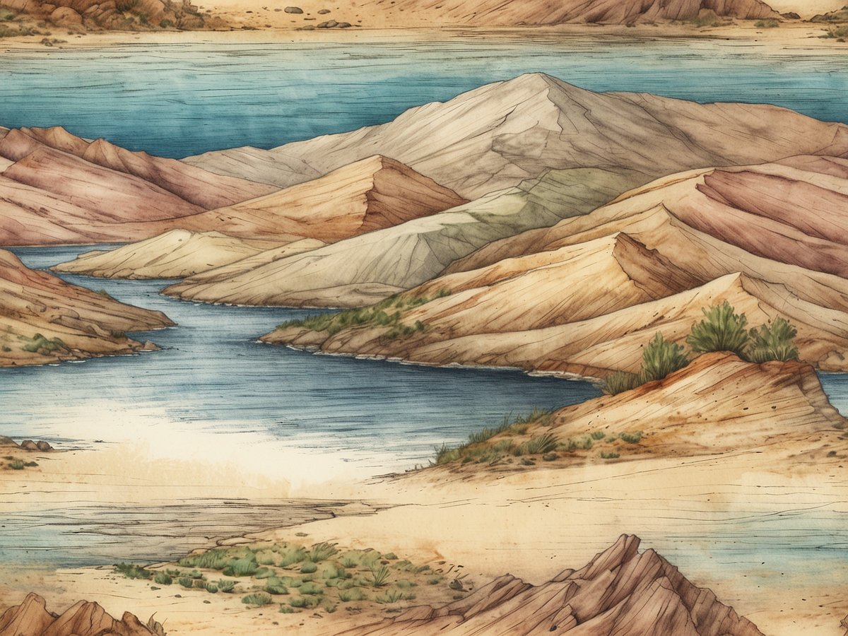 Eine malerische Landschaft mit sanften Hügeln und einem ruhigen Fluss, der sich durch die Hügel schlängelt. Die Umgebung zeigt verschiedene Erdtöne und die Vegetation ist spärlich, mit einigen grünen Sträuchern am Ufer. Im Hintergrund erheben sich schroffe, farbige Berge unter einem klaren blauen Himmel. Diese Darstellung vermittelt eine stille und beeindruckende Naturkulisse, die an die geologischen Formationen in Kenia erinnert.