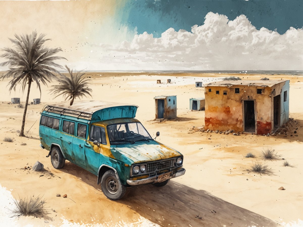 Eine verlassene Landschaft in Somalia, geprägt von Wüstencharakter. In der Mitte steht ein alter, grün-blauer Kleinbus mit einem rostigen Dachträger, der leicht schräg auf einem sandigen Weg parkt. Umgeben von trockenem Sand und wenigen dürren Pflanzen, sind im Hintergrund einige einfache, farblich abblätternde Hütten zu sehen. Hohe Palmen stehen im Vordergrund und unterstreichen die karge, aber zugleich eindrucksvolle Schönheit dieser Landschaft. Der Himmel ist teilweise bewölkt, was dem Bild eine drückende, aber auch faszinierende Atmosphäre verleiht.