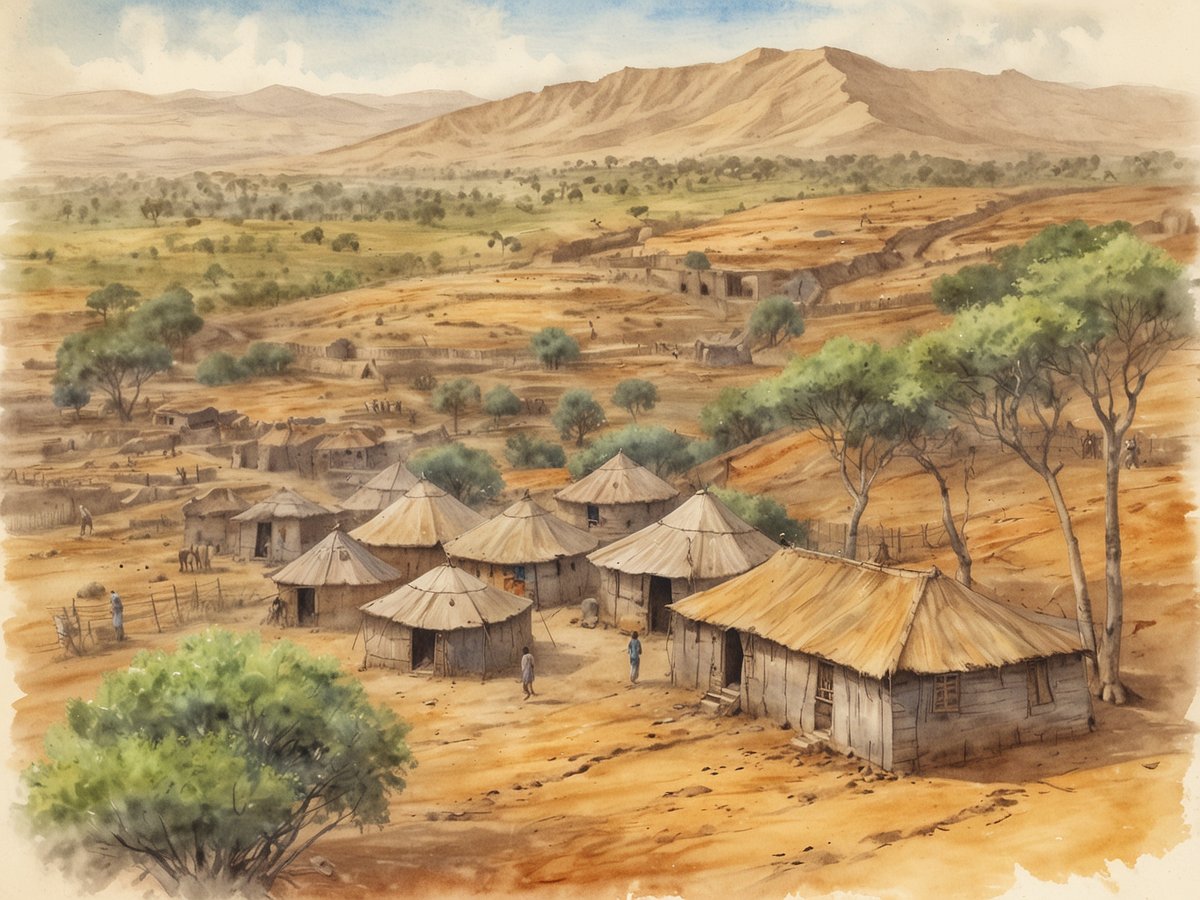 Eine malerische Ansicht einer traditionellen Siedlung in Äthiopien, umgeben von einer trockenen, hügeligen Landschaft. Im Vordergrund stehen mehrere runde, strohgedeckte Hütten aus Holz und Lehm, die typisch für die Region sind. Einige Menschen sind in der Nähe der Hütten aktiv, während im Hintergrund Bäume und sanfte Hügel die Szenerie ergänzen. Die Atmosphäre vermittelt eine friedliche ländliche Lebensweise in einer historischen Umgebung, die das Erbe und die Kultur des "Wiege der Menschheit" verkörpert.