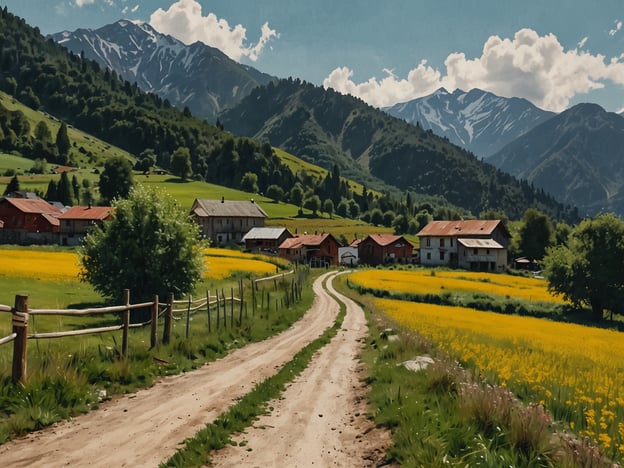 Auf dem Bild ist eine malerische Landschaft mit sanften Hügeln, einem schmalen Weg, der durch ein grünes Feld führt, sowie traditionellen Häusern im Hintergrund und beeindruckenden Bergen im Hintergrund zu sehen. 

Die besten Reisezeiten für Georgien sind in der Regel von April bis Juni und von September bis November. Während dieser Monate können Reisende milde Temperaturen und eine blühende Natur erwarten, was unabhängig von dieser schönen Landschaft überaus reizvoll ist.