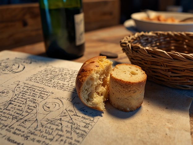 Auf dem Bild ist ein Stück Brot zu sehen, das an eine georgische Spezialität erinnert. In Georgien ist Brot, insbesondere das traditionelle Chachapuri, ein wichtiger Bestandteil der Küche. Das frisch gebackene Brot wird häufig in geselligen Runden serviert und ist ein Symbol für Gastfreundschaft. 

Zusätzlich könnte die Flasche im Hintergrund auf die Tradition des Weinanbaus in Georgien hinweisen, wo Wein eine zentrale Rolle bei festlichen Mahlzeiten spielt. Die georgische Küche ist bekannt für ihre vielfältigen und herzhaften Gerichte, die oft in Kombination mit Brot und Wein genossen werden, was den Genuss eines kulinarischen Erlebnisses in dieser Region komplett macht.