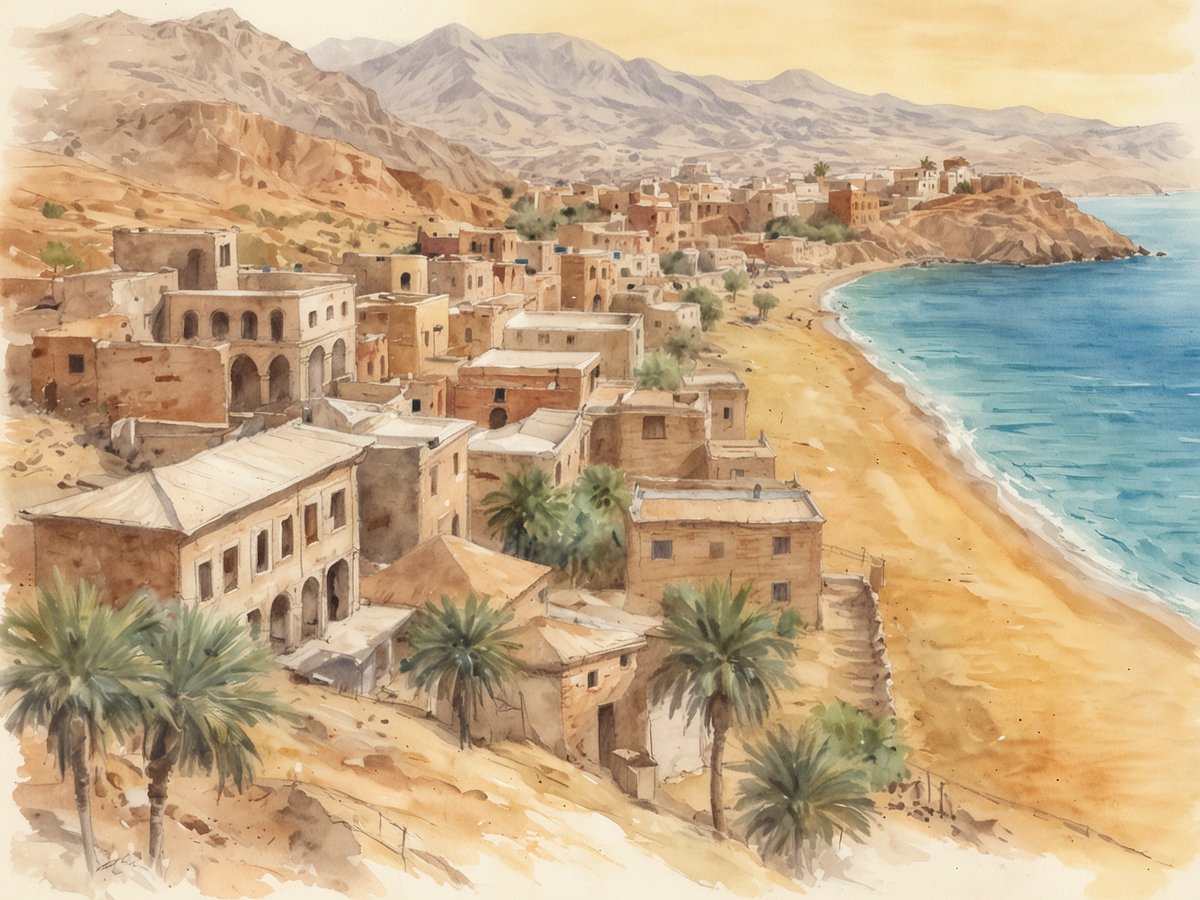 Eine malerische Küstenansicht von Eritrea, die eine historische Siedlung zeigt. Im Vordergrund sind traditionelle Gebäude aus Stein und Lehm mit verzierten Fenstern zu sehen, umgeben von Palmen und dem sandigen Strand. Im Hintergrund erheben sich sanfte Berge, und das türkisfarbene Wasser des Meeres lädt zur Erkundung ein. Die sanfte Farbgebung vermittelt eine ruhige und einladende Atmosphäre, die die kulturelle Vielfalt und die natürliche Schönheit Eritreas widerspiegelt.
