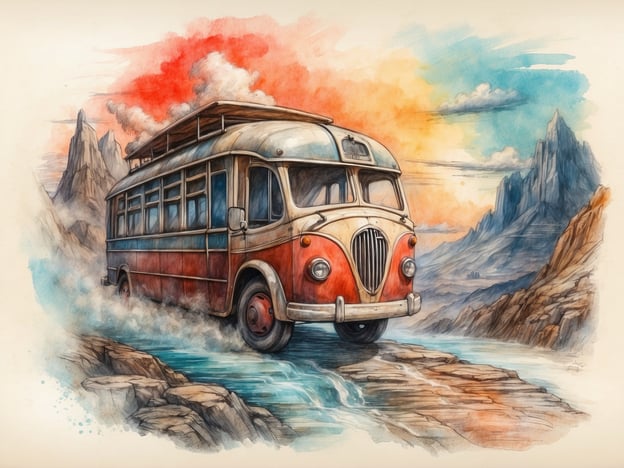 Auf dem Bild ist ein nostalgischer, roter Bus zu sehen, der durch eine malerische Landschaft fährt, umgeben von Bergen und Wasser. In Anlehnung an die Geschichte von "Fantasy Island" könnte man sich vorstellen, dass dieser Bus die Gäste zu ihren fantastischen Abenteuern bringt. Auf der Insel erleben die Protagonisten ihre geheimsten Wünsche und Träume, eingehüllt in eine mysteriöse und faszinierende Atmosphäre. Der Bus könnte Symbol für den Übergang in eine Welt voller Überraschungen und Veränderung sein, ganz im Sinne von Mr. Roarke, der die Träume seiner Gäste verwaltet.