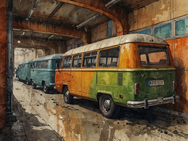 Auf dem Bild sind mehrere Oldtimer-Busse zu sehen, die in einer Halle geparkt sind. Sie sind bunt, mit Farben wie Grün, Blau und Orange. Die Busse repräsentieren einen nostalgischen Transportstil und erinnern an vergangene Zeiten der Fortbewegung. Der Raum wirkt industriell, mit sichtbaren Wänden und einem Betonboden, was die Atmosphäre der Lagerung und Instandhaltung eines Fahrzeugs verstärkt.