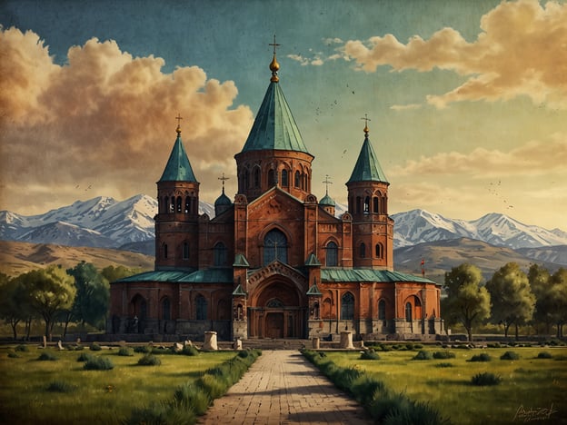 Auf dem Bild ist eine beeindruckende Kirche zu sehen, die wahrscheinlich ein historisches Bauwerk in Armenien darstellt. Die markanten, grünen Dächer und die Ziegelsteinfassade verleihen der Kirche eine majestätische Ausstrahlung. Im Hintergrund sind schneebedeckte Berge, die die malerische Landschaft Armeniens unterstreichen. Die umliegenden Wiesen und Bäume tragen zur idyllischen Atmosphäre bei und spiegeln die natürliche Schönheit und die kulturelle Geschichte des Landes wider.