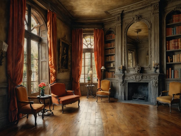 Auf dem Bild ist ein eleganter Raum zu sehen, der an Goethes Wohnhaus erinnern könnte. Der Raum hat große Fenster mit roten Vorhängen, die viel Licht hereinlassen. Die Wände sind geschmückt mit Regalen, die mit Büchern gefüllt sind. In der Mitte stehen zwei gepolsterte Sessel und ein Tisch mit einer Vase, die frische Blumen enthält. Der Kamin ist kunstvoll gestaltet und trägt zur klassischen Atmosphäre des Raums bei. Die Holzböden und die feinen Details der Einrichtung verleihen dem Raum eine nostalgische Eleganz.