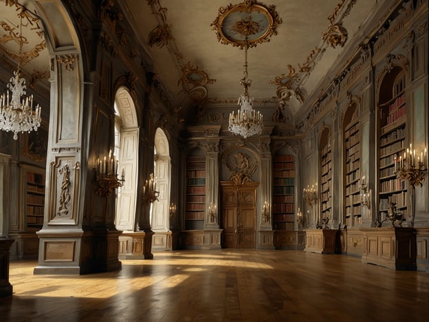 Auf dem Bild ist ein prächtiger Raum zu sehen, der an die Herzogin Anna Amalia Bibliothek erinnert. Der elegante Raum ist mit hohen Fenstern, kunstvollen Decken und opulenten Möbeln ausgestattet. Die Wände sind mit Regalen gefüllt, die zahlreiche Bücher beherbergen. Chandeliers und Kerzenhalter verleihen dem Raum eine historische und einladende Atmosphäre, die typisch für Bibliotheken im barocken Stil ist. 