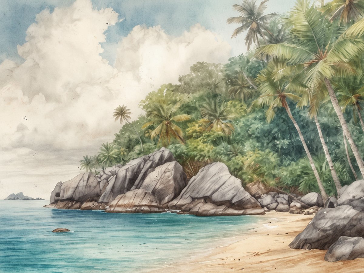 Eine ruhige Küstenlandschaft auf den Seychellen mit einem sanften, kristallklaren Wasser und feinem, goldenem Sand. Im Vordergrund sind große, graue Felsen am Ufer sichtbar, während im Hintergrund üppige, grüne Palmen und tropische Pflanzen die Szene prägen. Der Himmel ist mit weißen, flauschigen Wolken bedeckt, die eine friedliche Atmosphäre schaffen. Diese tropische Idylle scheint ein perfekter Ort zum Entspannen und Genießen der Natur zu sein.
