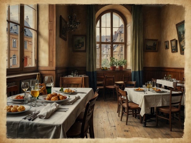 Auf dem Bild ist eine gemütliche, rustic-eingerichtete Gaststätte oder ein Restaurant zu sehen, das an die Atmosphäre von Weimar erinnert. Die Tische sind schön gedeckt mit verschiedenen Speisen und Getränken, was das kulinarische Erbe dieser Region widerspiegelt. Weimar ist bekannt für seine kulturelle Geschichte sowie für traditionelle deutsche Küche, die oft regionaltypische Gerichte beinhaltet. In einem solchen Ambiente könnte man lokale Spezialitäten genießen und sich mit der Weimarer Gastfreundschaft vertraut machen. Die natürliche Beleuchtung und die Holzelemente schaffen eine einladende Atmosphäre, die zum Verweilen einlädt.