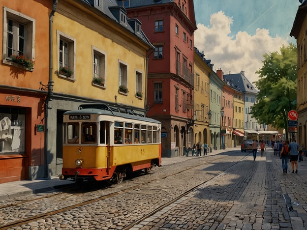 Auf dem Bild ist eine malerische Stadtstraße mit einer Straßenbahn zu sehen. Die Straßenbahn ist gelb und hat ein nostalgisches Design. Die Umgebung besteht aus bunten Häusern mit Blumenfenstern, die eine lebendige Atmosphäre schaffen. Es gibt Menschen, die auf dem Bürgersteig spazieren, sowie ein paar Autos, die die Straße entlangfahren. Die Szenerie wird von einem blauen Himmel mit einigen Wolken ergänzt, was zu einem einladenden Eindruck beiträgt.

**Fazit:** Das Bild vermittelt ein Gefühl von Ruhe und Idylle in einer charmanten Stadt, wo alte Architektur und moderne Elemente harmonisch zusammenkommen.