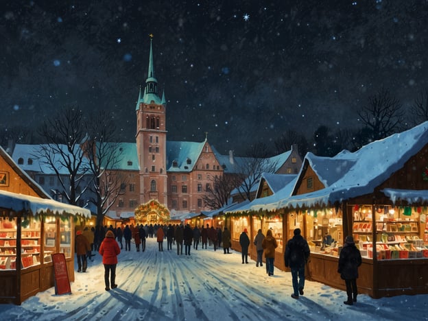 Verzauberte Winterwelt in Weimar: Das Bild zeigt einen festlichen Weihnachtsmarkt bei Nacht, umgeben von sanft fallendem Schnee. In der Mitte des Bildes steht ein historisches, gut beleuchtetes Gebäude mit einem auffälligen Turm, das von einem weihnachtlichen Kranz geschmückt ist. Auf dem Marktplatz sind zahlreiche Holzstände aufgestellt, die mit Lichtern erleuchtet sind und verschiedene Waren anbieten. Die Atmosphäre ist lebhaft, mit vielen Menschen, die durch den Schnee schlendern und die festliche Stimmung genießen. Ein klarer Stern funkelt am Himmel und verstärkt den zauberhaften Eindruck dieser winterlichen Szene.