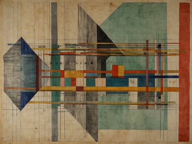 Das Bild zeigt eine abstrakte Komposition, die charakteristische Merkmale des Bauhaus-Stils aufweist. Es sind geometrische Formen und kräftige Farben zu erkennen, die durch klare Linien strukturiert werden. Diese Art der Gestaltung spiegelt die Grundprinzipien des Bauhauses wider, das 1919 von Walter Gropius gegründet wurde und darauf abzielte, Kunst und Handwerk zu vereinen.

Das Bauhaus Museum in Weimar, das 2019 eröffnet wurde, präsentiert eine umfangreiche Sammlung von Arbeiten, die die Entwicklungen des Bauhauses dokumentieren. Es ist ein wichtiger Ort für die Auseinandersetzung mit der Geschichte und dem Einfluss des Bauhauses auf Architektur, Design und Kunst bis heute. In dieser Umgebung könnte dieses Bild gut platziert sein, da es die innovative und experimentelle Natur belegt, die das Bauhaus geprägt hat.