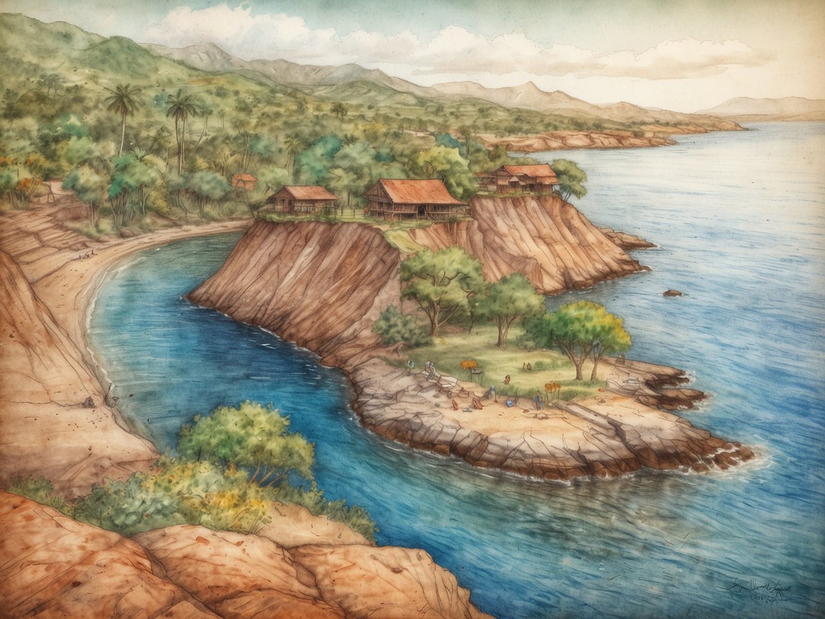 Eine malerische Küstenlandschaft in Malawi zeigt sanfte Hügel, die mit üppigem Grün und vereinzelten Palmen bewachsen sind. Im Vordergrund windet sich ein ruhiger blauer Fluss in die Landschaft und trifft auf einen sandigen Strand. An einer Halbinsel am Wasser stehen einige traditionelle Hütten mit roten Dächern, umgeben von einer üppigen Vegetation. Menschen sind am Ufer und auf den Felsen zu sehen, die die friedliche Umgebung genießen. Am Horizont erstrecken sich sanfte Berge unter einem klaren blauen Himmel mit wenigen Wolken.