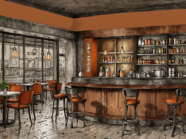 Auf dem Bild ist ein gemütliches Cafe oder eine Bar zu sehen. Die warmen Farben, insbesondere die orangefarbenen Akzente, schaffen eine einladende Atmosphäre. Es gibt runde und eckige Tische mit orangefarbenen Stühlen, die perfekt für einen entspannten Aufenthalt sind. 

Geheime Tipps: 

1. **Bequem Platz nehmen**: Die Stühle sind einladend und eignen sich hervorragend für längere Aufenthalte, vielleicht mit einem Buch oder einer Tasse Kaffee.

2. **Die Regale durchstöbern**: Der Bartresen ist gut gefüllt mit Gläsern und Dosen – lass dich von den verschiedenen Getränken inspirieren. Es könnte spezielle Hausmischungen oder saisonale Angebote geben.

3. **Fensterplatz wählen**: Wenn du die Möglichkeit hast, am Fenster zu sitzen, kannst du das Treiben draußen beobachten, was eine schöne Ergänzung zu deinem Aufenthalt ist.

Versteckte Perlen: Schau dir die kleinen Pflanzen auf den Tischen an; sie bringen eine frische Note und könnten auch ein guter Gesprächsstarter mit anderen Gästen sein!