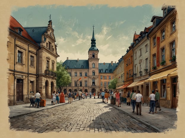 Auf dem Bild ist eine belebte Straße in einer charmanten Stadt zu sehen, vermutlich in einer historischen Umgebung. Im Hintergrund dominiert ein beeindruckendes Gebäude mit einem hohen Turm, das auf eine wichtige kulturelle oder öffentliche Institution hinweisen könnte. Die Architektur ist geprägt von gut erhaltenen, traditionellen Gebäuden, die eine einladende Atmosphäre schaffen.

Diese Szenerie könnte gut in die Kultur- und Veranstaltungslandschaft von Weimar passen, einer Stadt, die für ihre reiche Geschichte in Kunst, Literatur und Wissenschaft bekannt ist. Weimar bietet zahlreiche kulturelle Veranstaltungen, darunter Theateraufführungen, Konzerte und Kunstausstellungen. Die lebendige Straßenkultur, die Menschen in bunten Kleidern und die engen Gassen erinnern an die inspirierende Umgebung, die viele Künstler und Denker im Laufe der Jahrhunderte angezogen hat.