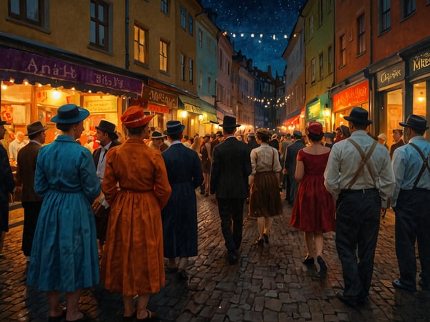 Auf dem Bild sieht man eine festliche Straßenszene mit Menschen, die in historischen Kostümen gekleidet sind. Diese Darstellung erinnert an jährliche Kulturhighlights und Festivals in Weimar, wie das **Weimarer Zwiebelmarkt**, das traditionell im Herbst stattfindet und die Stadt in ein lebhaftes Fest verwandelt. In dieser Zeit strömen viele Besucher in die Altstadt, um regionale Produkte, Kunsthandwerk und kulinarische Spezialitäten zu genießen. 

Ein weiteres wichtiges Ereignis ist das **Weimarer Kulturfestival**, das verschiedene Künste feiert und zahlreiche Aufführungen, Musikdarbietungen und Ausstellungen bietet. Solche Feste spiegeln die reiche kulturelle Geschichte der Stadt wider und ziehen zahlreiche Touristen an, die die Atmosphäre und den historischen Charme Weimars erleben möchten.