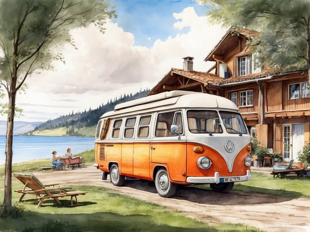 Auf dem Bild ist ein orangefarbener Volkswagen Bus zu sehen, der vor einem schönen Holzhaus steht. Im Hintergrund sieht man einen See und bewaldete Hügel. Zwei Personen sitzen in der Nähe des Wassers auf einer Bank und genießen die Aussicht. Es gibt auch eine Liegefläche im Vordergrund. Die Atmosphäre wirkt ruhig und malerisch, ideal für einen entspannten Tag in der Natur.