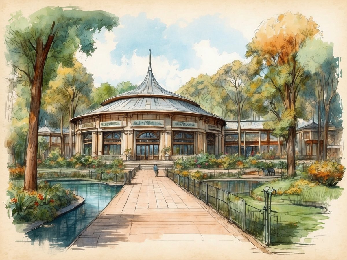 Eine idyllische Szenerie im Zoologischen Garten Schwerin zeigt ein rundes, architektonisch ansprechendes Gebäude mit einem hohen, spitzen Dach. Vor dem Gebäude führt ein gepflasterter Weg über eine kleine Brücke zu einer einladenden Eingangsfront. Um das Gebäude herum sind üppige, grüne Bäume und farbenfrohe Blumen zu sehen, die eine natürliche Atmosphäre schaffen. In der Nähe des Gebäudes fließt ein ruhiger Teich, und im Hintergrund stehen einige Tiere, während der Himmel blau und freundlich wirkt.