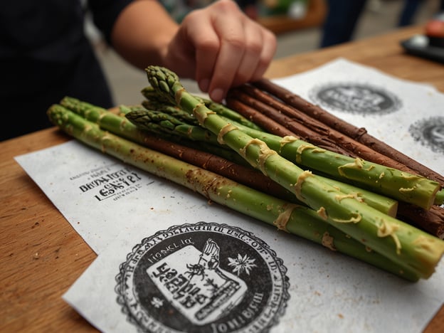 Auf dem Bild sind frische grünen und braunen Spargelstangen zu sehen, die auf einem Holzbrett liegen. Die kulinarische Präsentation könnte auf einem Markt oder einem Food-Event stattfinden, wo lokale Produkte hervorgehoben werden, wie zum Beispiel auf einem Spargelmarkt. Dort könnten verschiedene Zubereitungsarten und Gerichte vorgestellt werden, die mit Spargel zubereitet werden, während die Besucher die Köstlichkeiten probieren und mehr über die Region erfahren können. Solche Veranstaltungen fördern den Austausch zwischen Produzenten und Konsumenten und beleben die lokale Gastronomie.