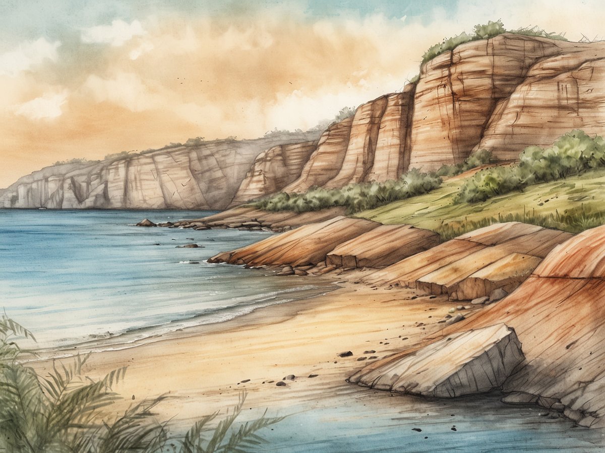 Eine malerische Küstenlandschaft mit sanften Hügeln und schroffen Klippen, die ins Wasser ragen. Der Himmel ist in sanften Farbtönen gehalten und zeigt einen beruhigenden Sonnenuntergang. Am Sandstrand liegen große, glatte Steine, während das Wasser ruhig und klar ist. Grüne Vegetation wächst entlang der Küste und verleiht der Szene eine natürliche Schönheit. Ideal für eine Vorstellung von Angolas atemberaubender Küstenlinie und ihrer unberührten Natur.