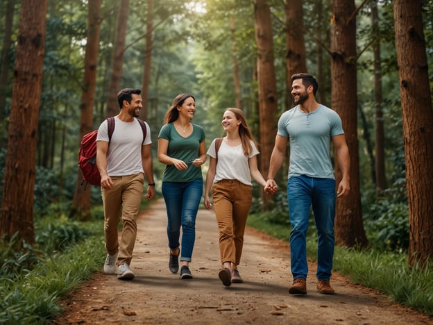 Auf dem Bild sind vier Personen zu sehen, die entspannt auf einem Waldweg spazieren. Dies könnte eine ideale Aktivität für Familien und Kinder sein, z.B.:

1. **Familienausflug in die Natur**: Gemeinsames Wandern ist eine tolle Möglichkeit, Zeit im Freien zu verbringen und die Natur zu erkunden.
2. **Naturerkundung**: Kinder können verschiedene Pflanzen und Tiere beobachten, was ihr Interesse an der Umwelt fördert.
3. **Picknick im Wald**: Nach dem Wandern könnte ein gemütliches Picknick eine schöne Möglichkeit sein, die Natur zu genießen.
4. **Spiele im Freien**: Man könnte Spiele wie Verstecken oder Schatzsuche spielen, die viel Spaß machen.
5. **Foto-Safari**: Mit einer Kamera oder einem Handy können Familien gemeinsam Fotos von der Natur machen und die besten Aufnahmen später präsentieren.

Diese Aktivitäten fördern nicht nur die Bewegung, sondern auch das Gemeinschaftsgefühl innerhalb der Familie.