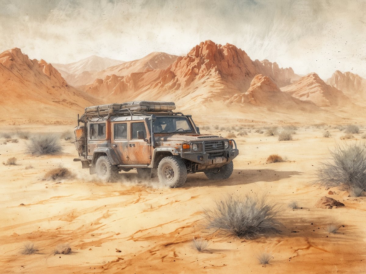 Ein geländegängiges Fahrzeug fährt durch eine trockene Wüstenlandschaft in Namibia. Im Hintergrund erheben sich beeindruckende, rötliche Berge, während die Umgebung von kargem Sand und vereinzelten Sträuchern geprägt ist. Die Sonne scheint hell und wirft einen warmen Glanz auf die Szene. Reifenabdrücke im Sand zeigen die Bewegung des Fahrzeugs in der Wildnis.