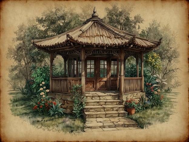 Auf dem Bild ist ein hübsches kleines Gartenhaus oder Pavillon zu sehen, das von üppigem Grün und bunten Blumen umgeben ist. Die Architektur ist orientalisch inspiriert, mit einer charakteristischen Dachform und Holzdetails. Der Pavillon scheint ein einladender Ort zu sein, um die Natur zu genießen. Solche Bauwerke findet man häufig in Parkanlagen, um einen ruhigen Rückzugsort zu bieten. Ein Rundgang durch den Park bei Weimar könnte solch einen malerischen Platz beinhalten, wo Besucher entspannen und die Schönheit der Umgebung bewundern können.