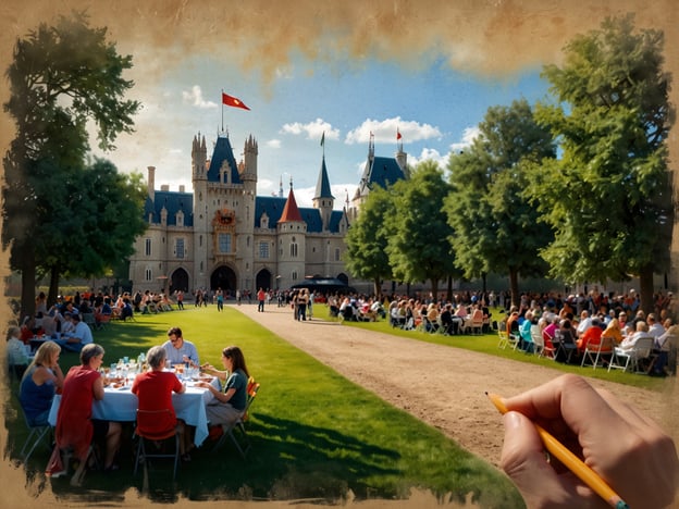 Auf dem Bild ist eine lebhafte Veranstaltung im Freien zu sehen, die wahrscheinlich ein großes Fest oder ein Picknick ist. Viele Menschen sitzen an Tischen im Garten eines beeindruckenden Schlosses. Es gibt eine fröhliche Atmosphäre, in der die Teilnehmer Essen und Getränke genießen. Auf der Wiese sind auch weitere Gäste verteilt, die sich mingeln oder einfach die Umgebung genießen. Im Hintergrund ist das Schloss mit seinen Türmen und Fahnen sichtbar, was der Szene einen festlichen Charakter verleiht. Solche Veranstaltungen könnten beispielsweise ein Sommerfest, ein Hochzeitsempfang oder ein kulturelles Event sein.