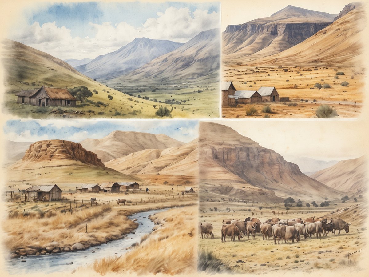 Die Illustration zeigt verschiedene Szenen aus der Landschaft des Hochlands von Lesotho. Oben links ist ein traditionelles, einfaches Haus in einer hügeligen Umgebung mit sanften grünen Wiesen und Bergen im Hintergrund zu sehen. Oben rechts sieht man eine weite, nahezu kahle Landschaft mit einem weiteren alten Gebäude. Unten links zeigt das Bild eine Reihe von Hütten entlang eines kleinen Flusses, der durch die grüne Ebene fließt, und einige Pferde sind in der Nähe sichtbar. Unten rechts sind eine Gruppe von Rindern auf einer weiten, wiesenartigen Fläche, umgeben von Bergen und eine sanfte Hügellandschaft zu sehen.